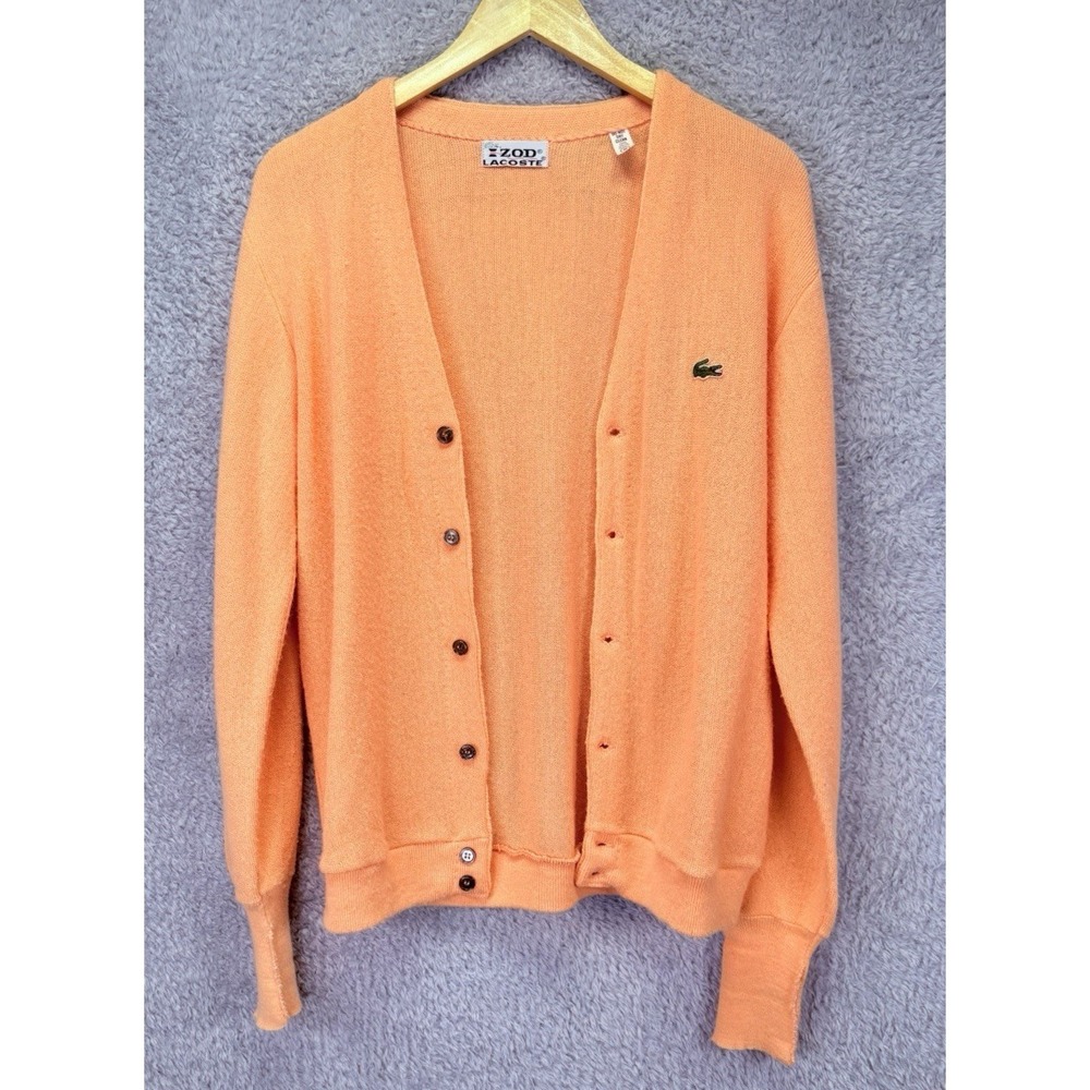 VTG 60s IZOD Lacoste Union Made USA Cardigan Sweater M Orange Grandpa Preppy